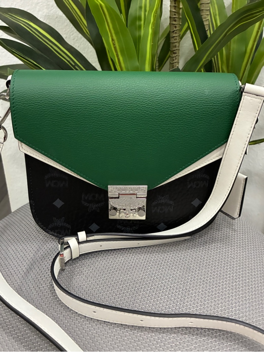 Authentic MCM Green and Black Crossbody Shoulder Bag with White Strap-never used